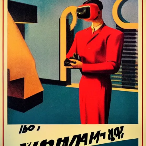 Prompt: man wearing virtual reality headset, 1950s art deco poster, retrofuturism, edward hopper