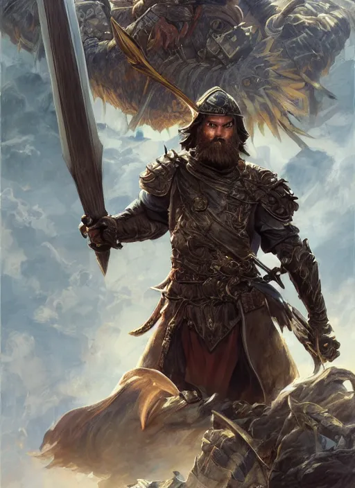 Image similar to PewDiePie as a mean looking hero holding an enormous large dual wielding sword, intricate, elegant, highly detailed, centered, digital painting, artstation, concept art, smooth, sharp focus, illustration, artgerm, donato giancola, Joseph Christian Leyendecker, WLOP, Boris Vallejo, Artgerm