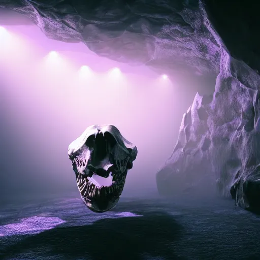 Prompt: full shot portrait of tiny dinosaur skeleton lying in a cave covered in shiny crystals, detailed, unreal engine 4k volumetric light, fog, purple color palette