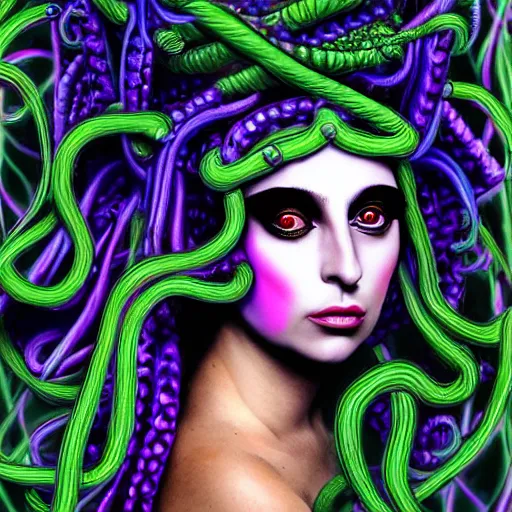 Prompt: an extremely psychedelic portrait of medusa as lady gaga, surreal, lsd, face, detailed, intricate, elegant, lithe, highly detailed, digital painting, artstation, concept art, smooth, sharp focus, illustration,