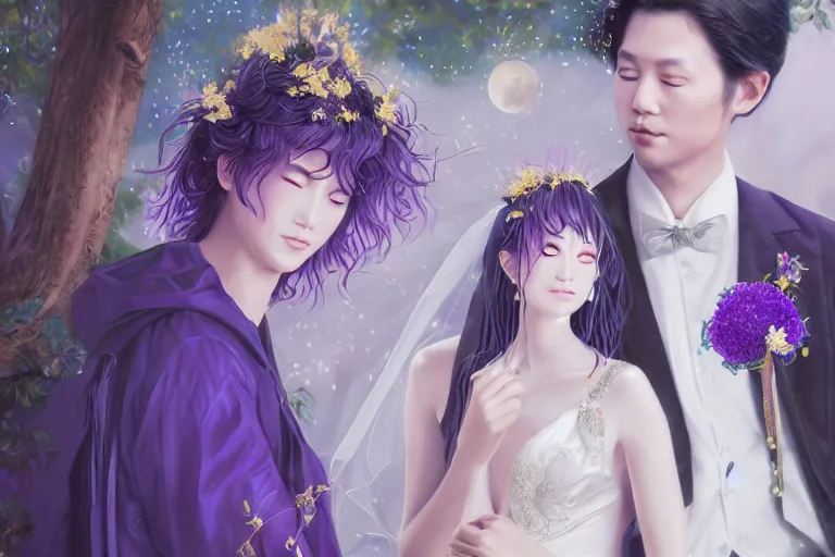 Image similar to a cinematic portrait of wedding photograph jpeg close up moment of a divine a japan sun god and moon goddess lovers magician at a wedding banquet. portraiture. digital painting. artstation. concept art. fantasy wedding photo. digital painting, 8 k realistic, hyper detailed, violet evergarden art masterpiece by art by krenz cushart