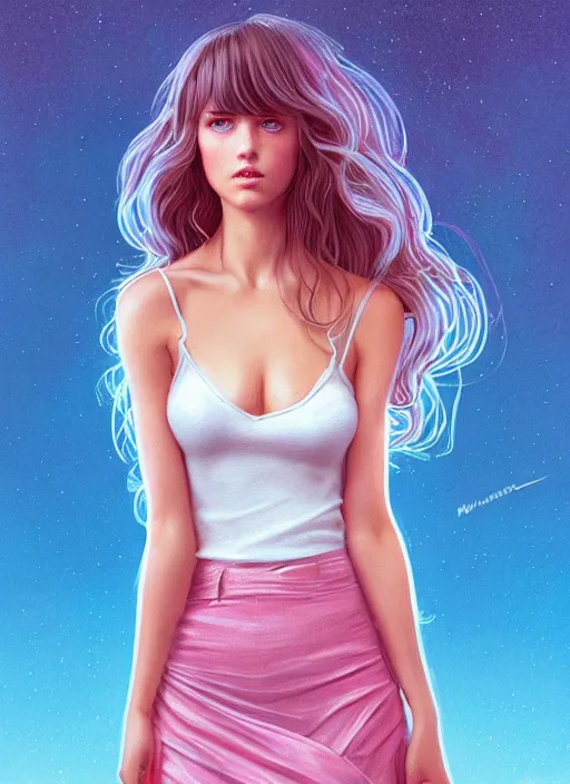 Image similar to full body portrait of teenage bar refaeli, bangs, blue eyes, sultry expression, blond hair, sultry smirk, bangs and wavy hair, pink skirt, intricate, elegant, glowing lights, highly detailed, digital painting, artstation, concept art, smooth, sharp focus, illustration, art by wlop, mars ravelo and greg rutkowski