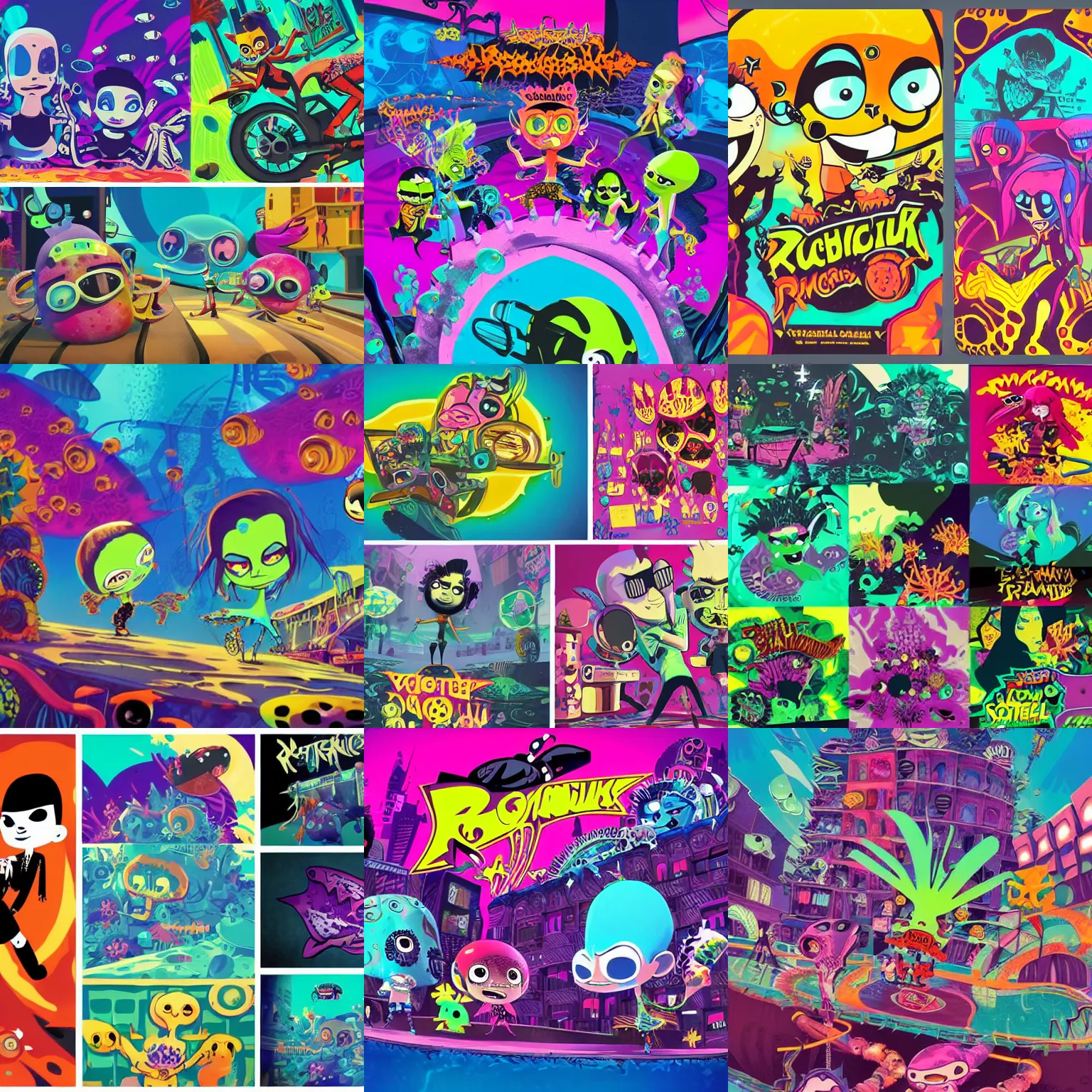 Prompt: psychic punk rocker vampiric electrifying rockstar background designs of vibrant underwater locations filled with fish and coral and graffitti stickers by genndy tartakovsky and splatoon by nintendo and the psychonauts franchise by doublefine tim shafer artists for the new hotel transylvania film
