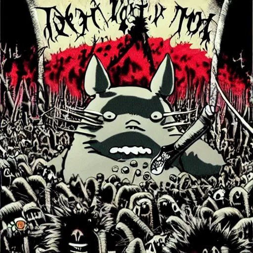 Prompt: totoro in a black metal band in a concert, dressed like band metal kiss, marduk, mayhem, burzum, inmortal, a crowd cheering, a drummer, electric guitar, sparkles all around, fantasy digital art, wow, stunning, ghibli style, hight quality