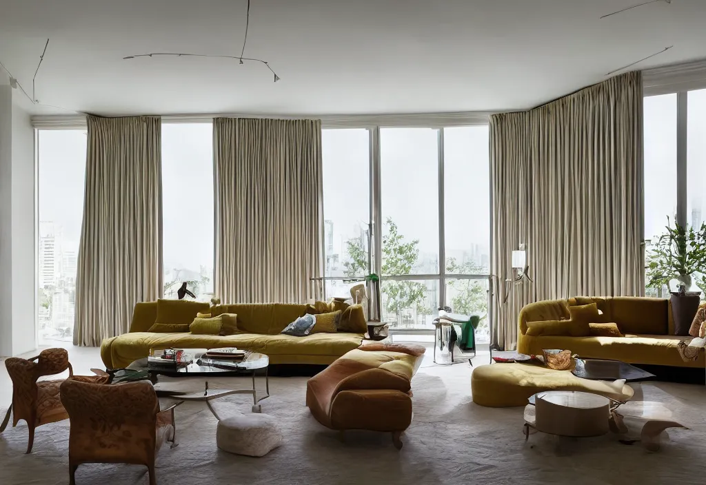 Image similar to a living room, modern interior design, residential design, floor - to - ceiling windows, by india mahdavi, trending ，