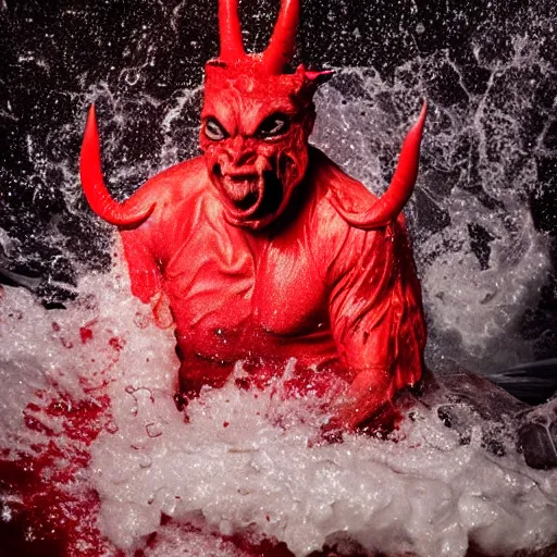 Image similar to a devilish red monster with horns emerging from boiling rough seas, close - up portrait photo by david lachapelle, masterpiece, trending on flickr