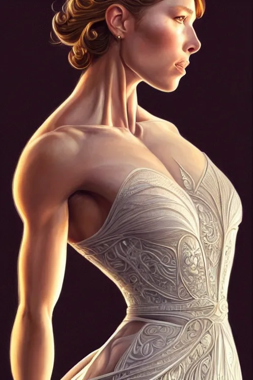 Prompt: symmetry!! intense fanart of 3 / 4 back pose of jessica biel as acotar protagonist, short wedding dress, intricate, elegant, highly detailed, my rendition, digital painting, artstation, concept art, smooth, sharp focus, illustration, art by artgerm, by hajime sorayama and boris vallejo