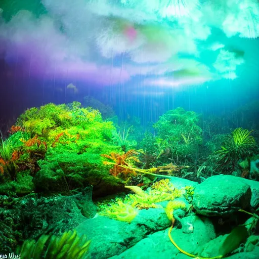 Prompt: dreamlike film photography of a rainforest undergrowth at night underwater in front of colourful underwater clouds by Kim Keever. In the foreground floats a seasnake. low shutter speed, 35mm