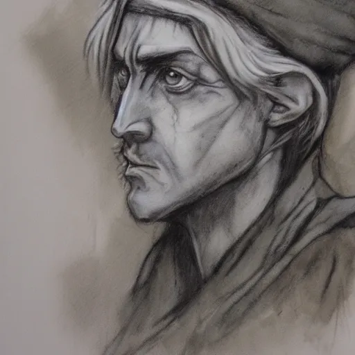Prompt: An old elven ranger, ragged, portrait, oil paint, charcoal, watercolor, desaturated, fantasy