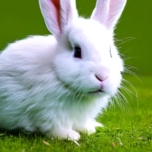 Prompt: a white dwarf rabbit with long hair, photograph, sharp focus