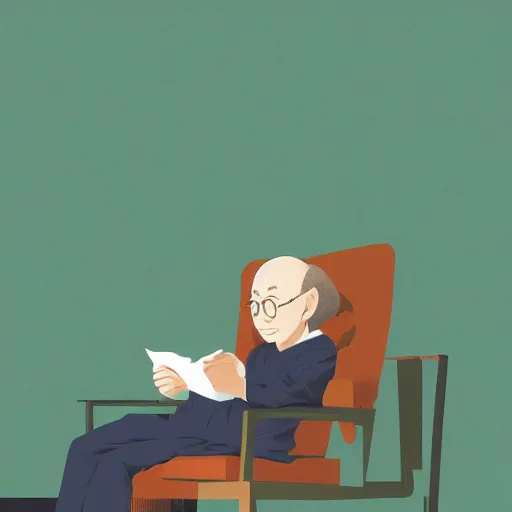 Image similar to old balding japanese man with white shirt, sitting on a chair and reading newspaper while looking at the ceiling of his room with contrastic green lighting by fujita goro, atey ghailan, tom whalen