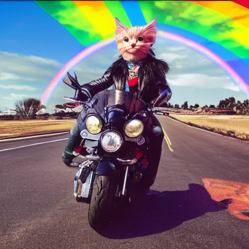 Image similar to wide angle full body, jacket wearing fluffy cute rainbow kitten wearing a black leather motorcycle jacket, riding on a motorcycle, cinematic concept art