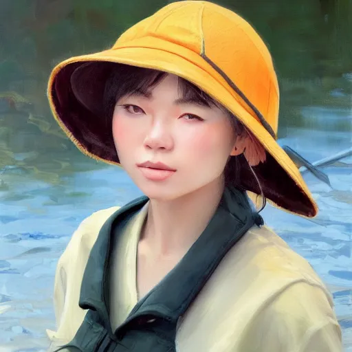 Prompt: oil painting by ilya kuvshinov,, baugh casey, artgerm craig mullins, leyendecker, of a youthful japanese girl, long hair, fishing and wearing fisherman's outfit, fisherman's hat, highly detailed, breathtaking face, studio photography, noon, intense bounced light, water reflection, large tree casting shadow, serine intense sunlight