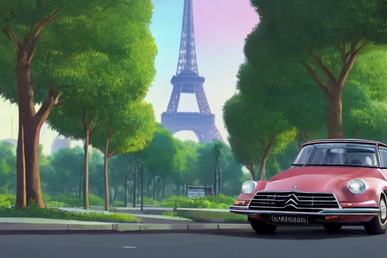 Prompt: a wholesome animation key shot of!! one!! focused! 1 9 7 4 citroen ds! in a tree lined paris street, view of eiffel tower, medium shot, studio ghibli, ( pixar ) and disney animation, sharp, very detailed, high resolution, rendered in unreal engine 5, anime key art by greg rutkowski, bloom, dramatic lighting