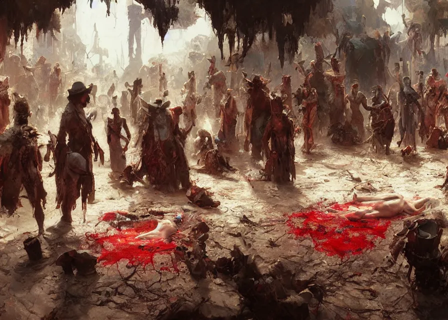 Prompt: digital art painting of dozens of shocked horrified people looking down, surrounding a corpse over a blood puddle painted by craig mullins and gaston bussiere and greg rutkowski