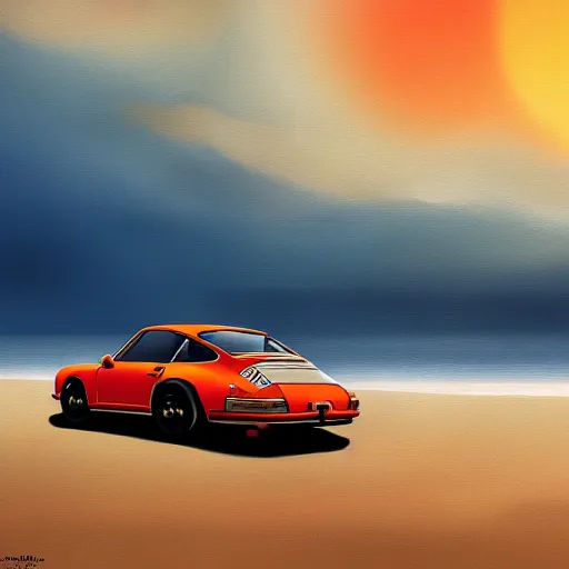 Image similar to beautiful, detailed digital painting of a porsche 9 1 1 on the beach and looking at the sunset, anime by makoto shinkai, sand, waves, trending on artstation