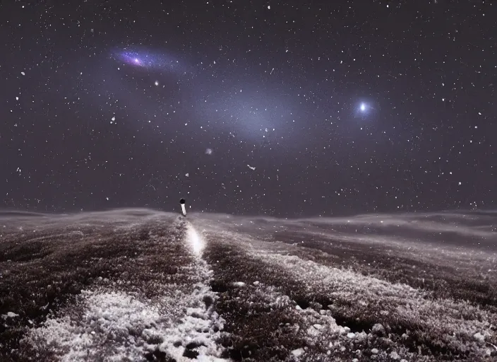 Image similar to Alone at the edge of a universe humming a tune, For merely dreaming we were snow, 8k, award winning