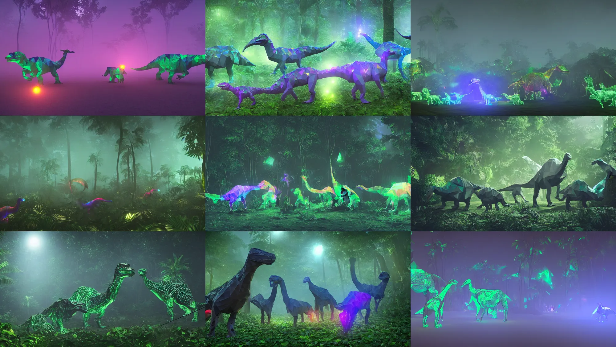 Prompt: holographic low - poly glowing dinosaurs in a foggy jungle