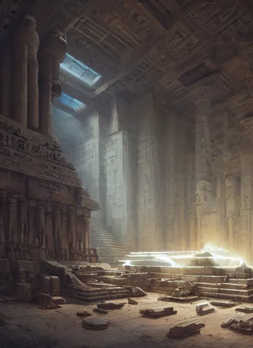 Prompt: sci fi robot repairshop inside of an egyptian temple, james gurney, katsuhiro otomo, james paick, cinematic lighting, artstation, craig mullins, greg rutkowski, pete morbacher, tuomas korpi, volumetric light, artstation, octane render, redshift render, low angle camera, intricate, 8 k -