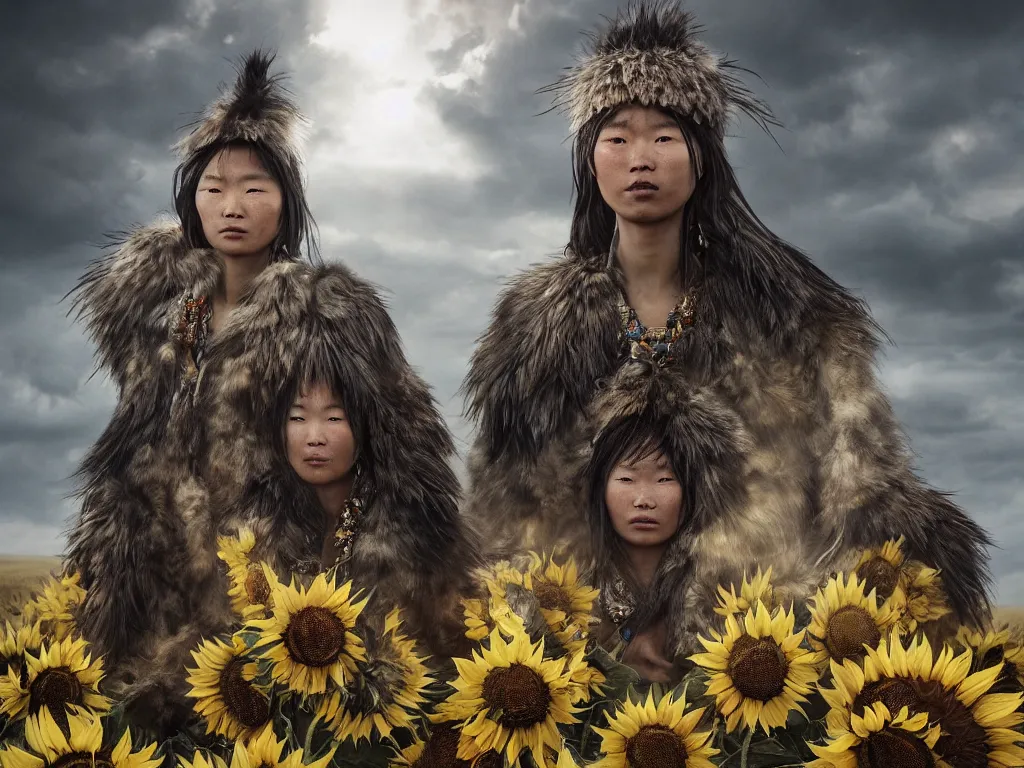 Prompt: a fancy portrait of the mighty sunflower people, a powerful mongolian tribe that lives in a vast barren valley where helianthus grow, by Greg Rutkowski, Sung Choi, Mitchell Mohrhauser, Maciej Kuciara, Johnson Ting, Maxim Verehin, Peter Konig, Bloodborne, macro lens, 35mm, 8k photorealistic, cinematic lighting, HD, high details, atmospheric