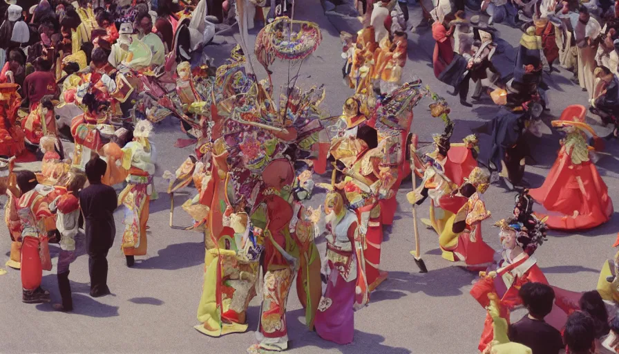 Image similar to movie still by alejandro jodorowsky of a small fun festival in kyoto japan, visible magic energy, costumes, parade floats, cinestill 8 0 0 t eastmancolor technicolor, high quality, very detailed, heavy grain, fine facial features, 8 k, octane render
