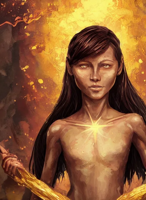 Image similar to An epic fantasy comic book style portrait painting of a short, dark-skinned, slender girl with short auburn hair that comes almost to her shoulders with brown eyes that look almost black with flecks of gold in them. The gold flecks flare up when she’s agitated. She has a medium-sized scar on the upper right side of her head, unreal 5, DAZ, hyperrealistic, octane render, cosplay, RPG portrait, dynamic lighting