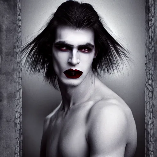 Prompt: head and shoulders vogue fashion photo portrait of a male vampire, d & d, fantasy, medieval castle, year 1 3 3 0