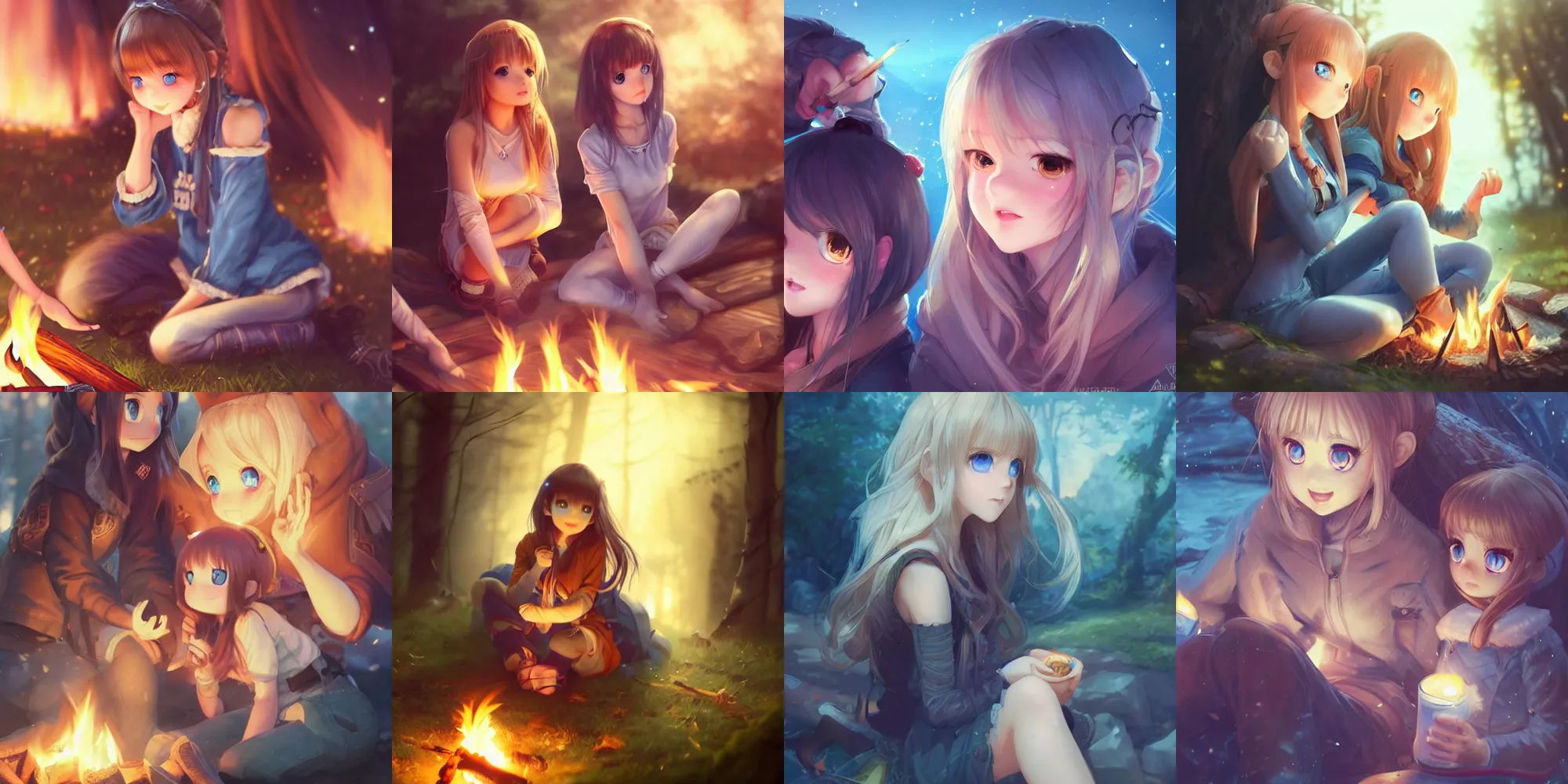 Prompt: cute girls with detailed blue eyes sitting around campfire at night, full faces, anime, fantastic details, trending on artstation, pixiv, hyperdetailed Unreal Engine 4k 8k ultra HD, Stanley Artgerm Lau, WLOP, Rossdraws, James Jean Marc Simonetti Ruan Jia and Mandy Jurgens and Artgerm and William-Adolphe Bouguerea Sakimichan, yuru camp, moe, illustration, digital art, concept art, manga cover