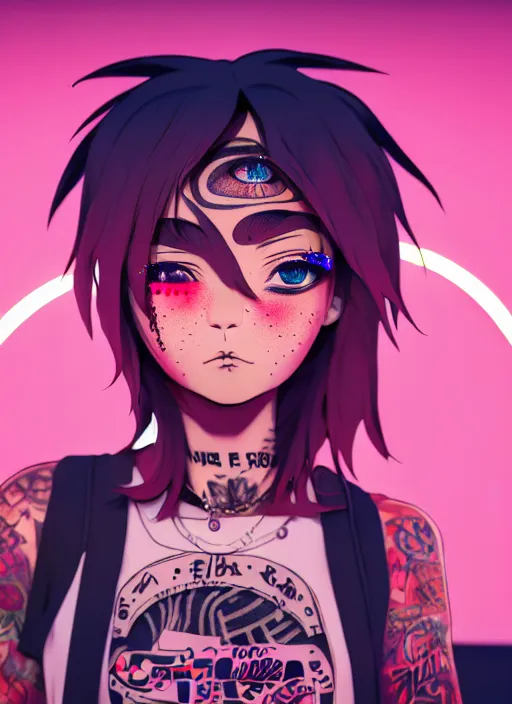 Image similar to a streetwear anime style mixed woman wearing thick mascara, crying, a city on fire in the background, police lights shine on her face, tattoos, dark glitter, Cinestill 50d, 4k, 8k, hd, full color, octane render, trending on artstation, highly detailed