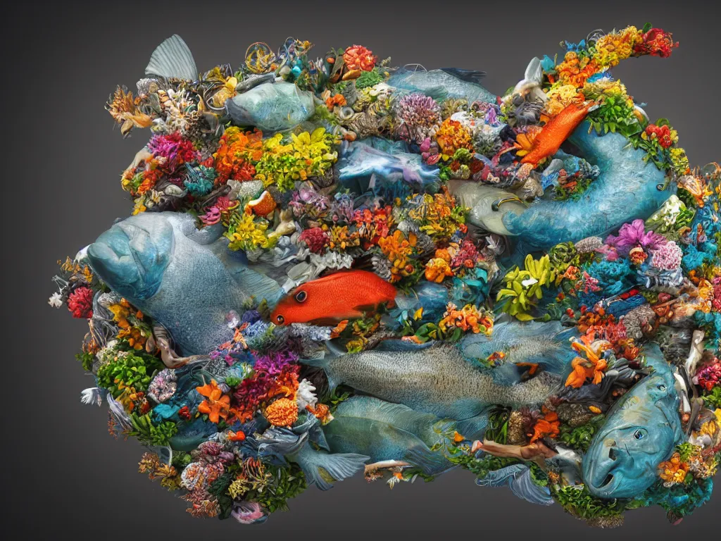 Prompt: a sculpture of fish ocean intertwined, a lovely cornucopia of flowers and human body parts, body parts, highly detailed, octane render, cinematic, shock, sharp focus, cycle