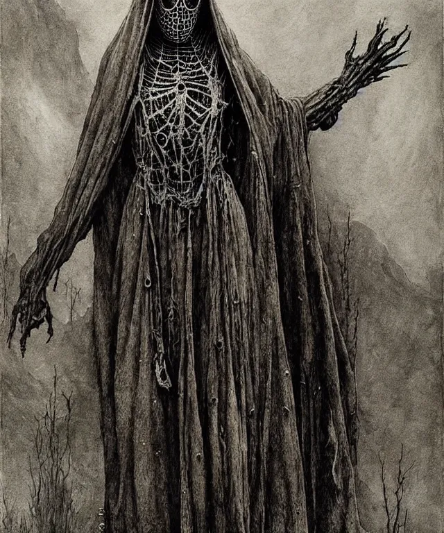 Image similar to a detailed creepy woman with many spider joints stands among the hills. wearing a ripped mantle, robe. perfect faces, extremely high details, realistic, fantasy art, solo, masterpiece, art by zdzislaw beksinski, arthur rackham, dariusz zawadzki