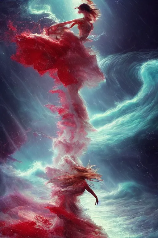 Prompt: a fractal dancer in a tornado emerges from a stormy sea by artgem and greg rutkowski, vivid colors, trippy, nebula, trending on artstation