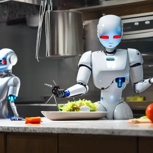 Prompt: a robot preparing a meal in a kitchen, cyberpunk, sci-fi, coherent like Dall-E 2