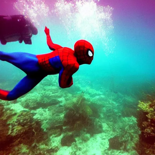 Prompt: two spiderman freediving underwater