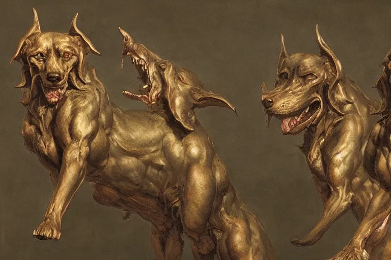 Image similar to hyperdetailed matte art of cerberus by william blake, ilya repin, amano, rene magritte, craig mullins, three headed dog, details