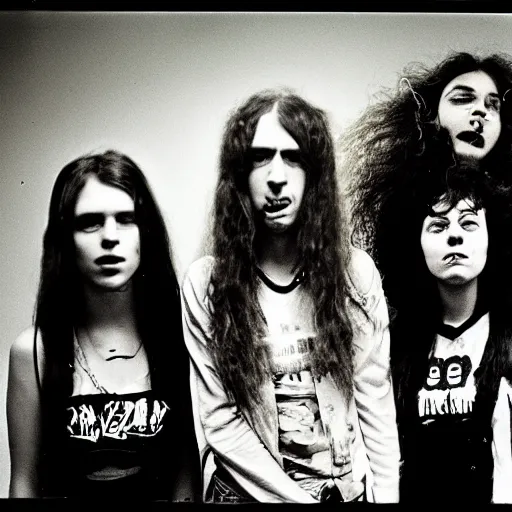 Image similar to Group of 19-year-old women holding electric guitars, long shaggy hair, permed hair, doom metal, punk rock, SST, band promo photo, 1987 photograph