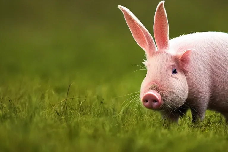 Image similar to a pig bunny!!! hybrid! hyper realistic!! realistic lighting!! wildlife photographer of the year!!! bold natural colors, national geographic, hd, wide angle, 8 k