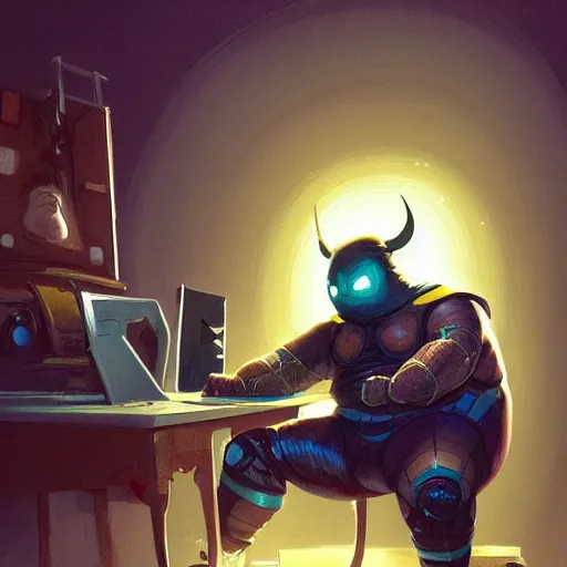 Image similar to a insanely detailed painting of a fat masked superhero wearing a costume sitting at a desk, staring at the nervously at the computer and clicking on the mouse, in the style of peter mohrbacher, dramatic lighting and composition, trending on artstation, concept art, comic book