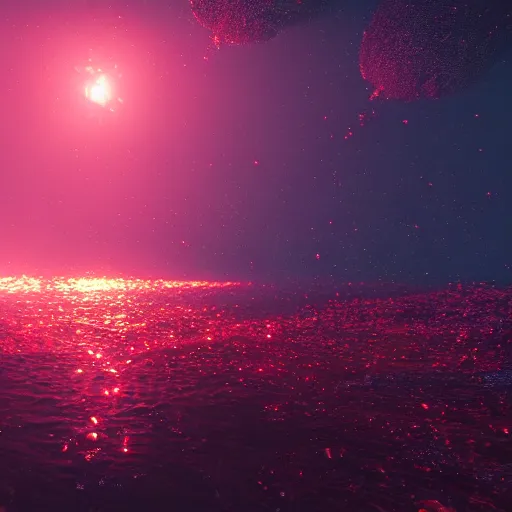 Prompt: red crystals glowing in the sea at night, unreal engine 5, octane rendering, cinematic ray tracing, artstation award winner