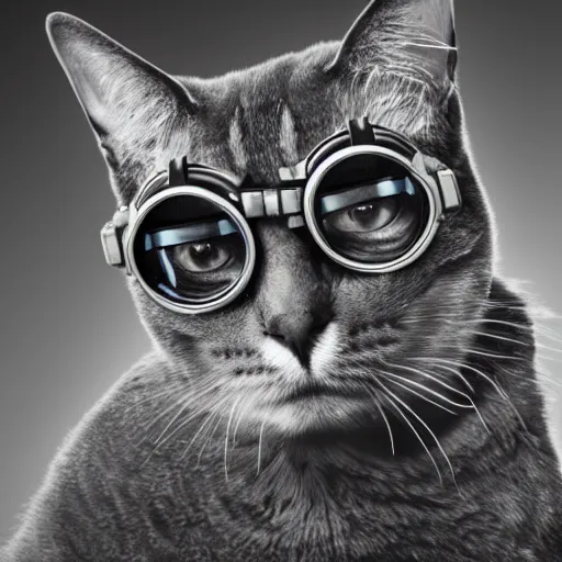 Prompt: a profile picture of a cat with steampunk googles, by ROSS tran, 4k, black and white