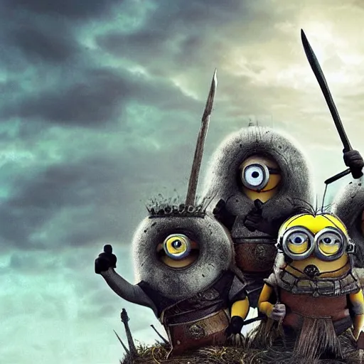 Image similar to The minions in The Vikings Digital art very detailed 4K quality Super Realistic