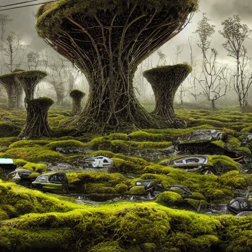 Image similar to panoramic view, superintelligent ecological matrix made of moss and lichen dotted biomechanical trees growing on junkyard heaps of electronics and automobile scrapyards amongst puddles of glistening oil, artists bev doolittle and philippe caza, high contrast cinematic light, mystical shadows, sharp focus, divine realm of gods, octane render, three dimensional optical illusion