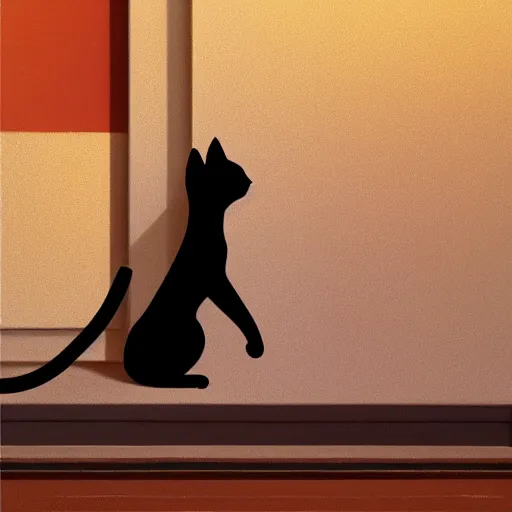 Prompt: close up of a cat stretching, in a house hallway, silhouette, warm colors, beautiful composition, by Atey Ghailan, by Craig Mullins and Dan Mumford, digital art, matte painting, trending on artstation,