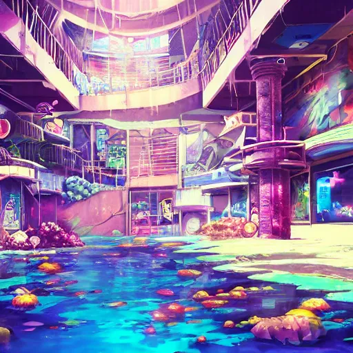 Prompt: painted anime background of an underwater mall in the slums built from various coral seashells and being reclaimed by nature, nostalgia, vaporwave, litter, steampunk, cyberpunk, caustics, anime, vhs distortion, inspired by splatoon by nintendo, art created by miyazaki