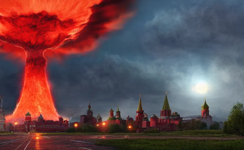 Image similar to ultra realistic picture of a big nuclear explosion with realistic nuclear mushroom in Red Square Kremlin, dramatic lighting, cinematic, extremely high detail, photo realistic, cinematic lighting, post processed, concept art, artstation, matte painting, unreal engine 8k