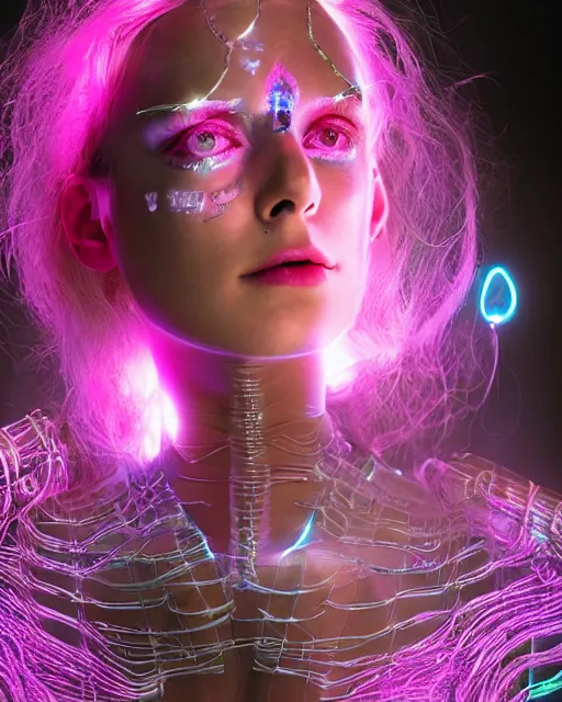 Image similar to natural light, soft focus portrait of an android with soft synthetic pink skin, blue bioluminescent plastics, smooth shiny metal, elaborate electronic jewellery, screens for eyes, leds, piercings, face tattoo, skin textures, by annie liebovotz, paul lehr,