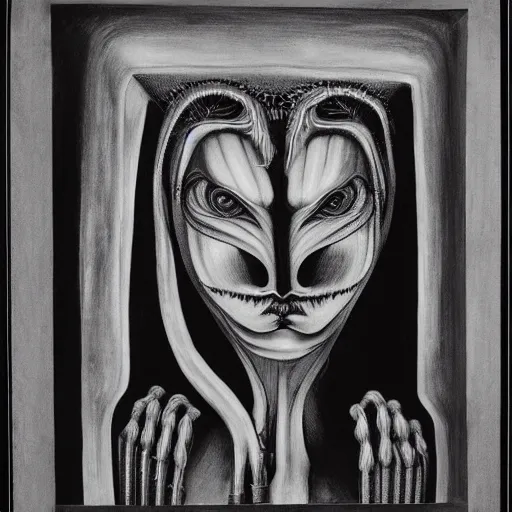 Prompt: A woman by H. R. Giger, black and white