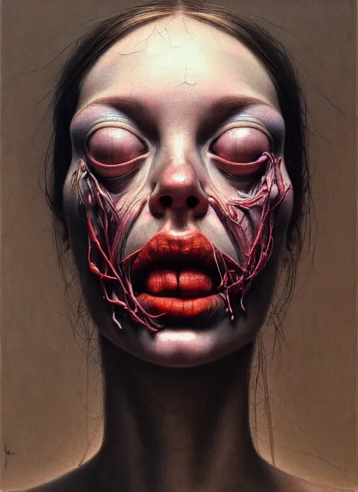 Image similar to there is ugliness in beauty, but there is also beauty in ugliness detailed portrait painting inspired by beksinski and alex gray, accurate anatomy, vintage, by jenny saville, edward hopper trending on artstation. 8 k