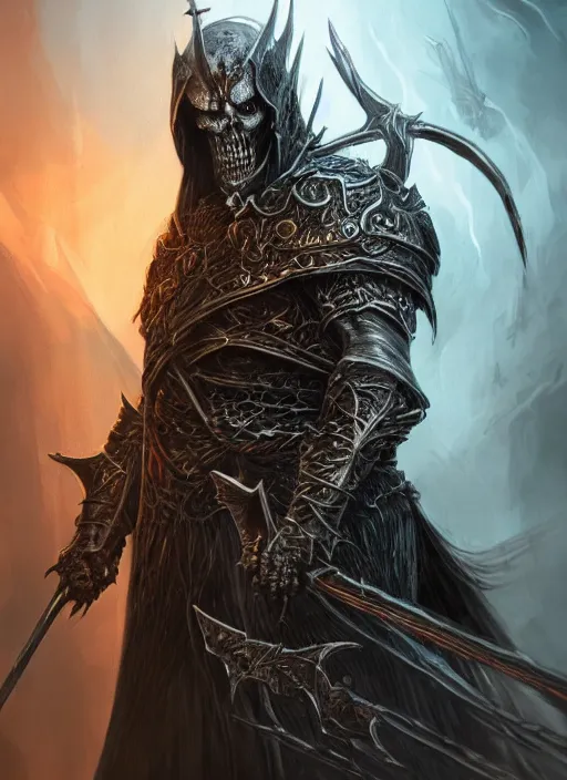 Image similar to lord death, ultra detailed fantasy, elden ring, realistic, dnd character portrait, full body, dnd, rpg, lotr game design fanart by concept art, behance hd, artstation, deviantart, global illumination radiating a glowing aura global illumination ray tracing hdr render in unreal engine 5