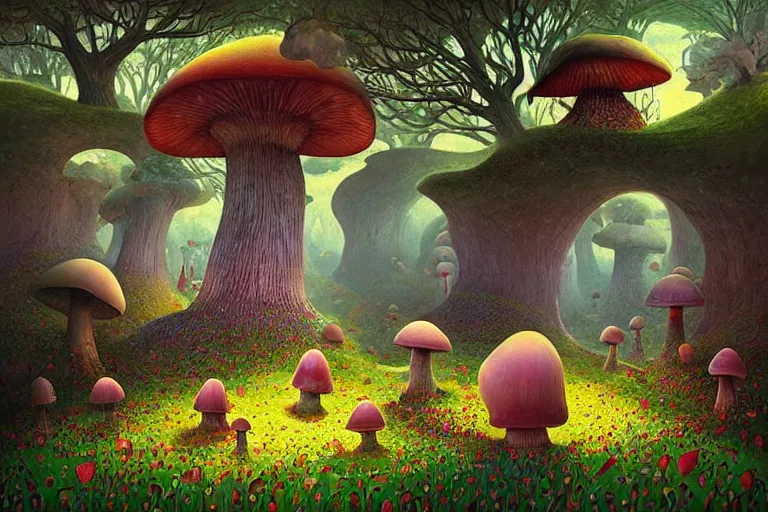 Prompt: surreal glimpse into other universe, stuck in a mushroom cave, summer morning, very coherent and colorful high contrast, art by!!!! gediminas pranckevicius!!!!, geof darrow, dark shadows, hard lighting